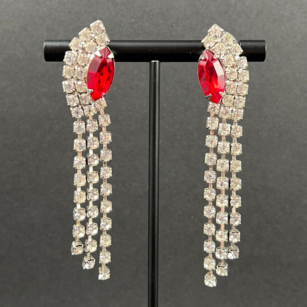 Vintage Rhinestone Earrings Red Silver Tone Fringe Chandelier Formal 2.75" - Picture 3 of 10